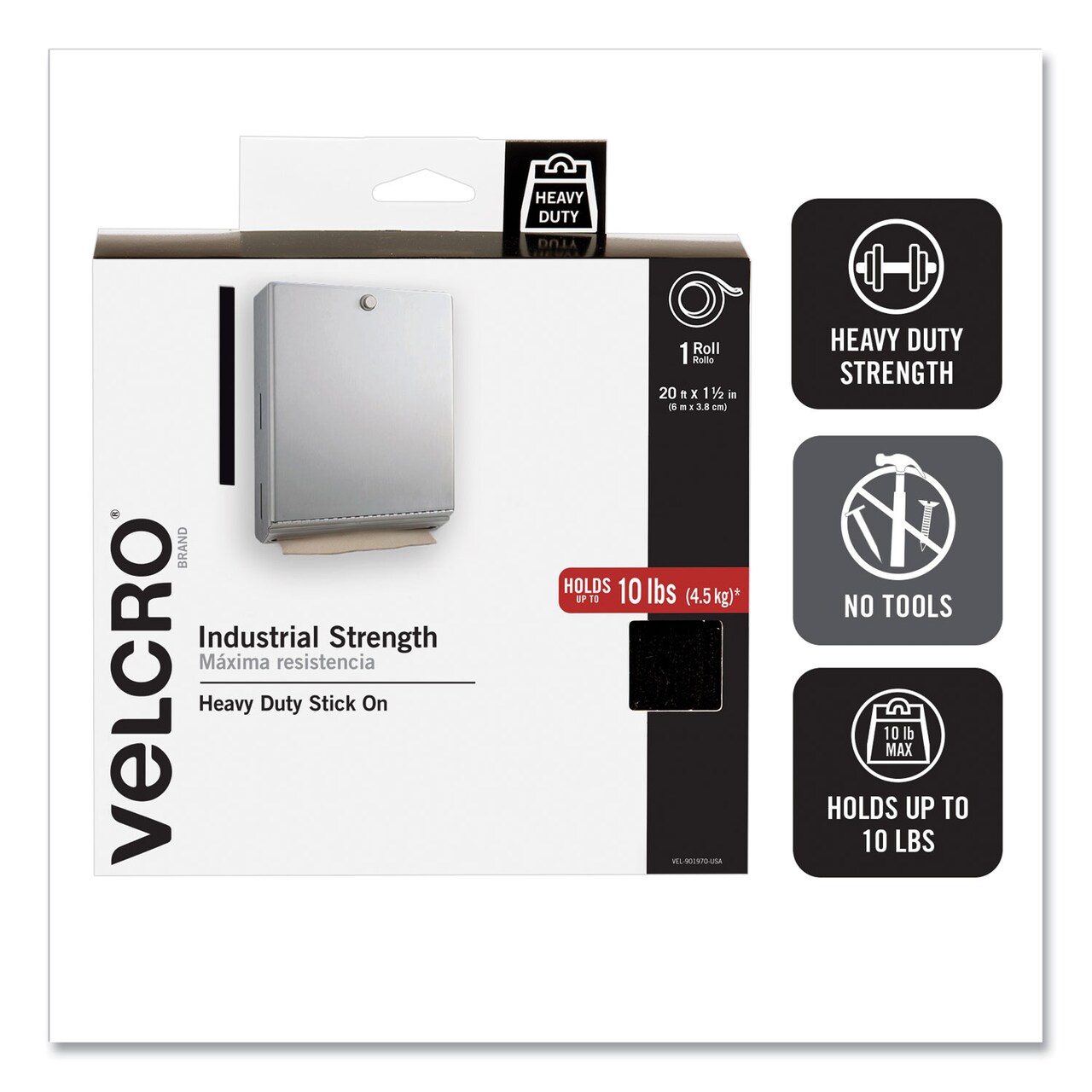 Velcro Industrial-Strength Heavy-Duty Fasteners with Dispenser Box 2 x 15  ft Black